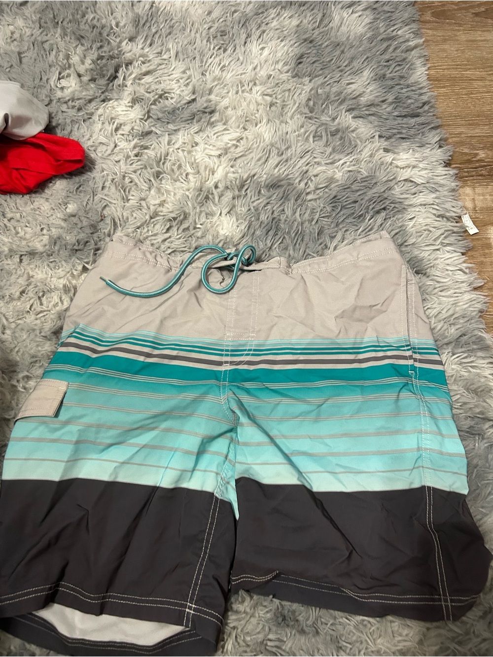 George Striped Swim Shorts in Teal, Light Aqua & Gray